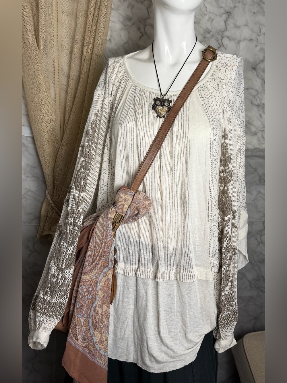 Free People Ivory Lace Mixed-Media Tunic XS Boho Flowy Airy Soft Spring Summer